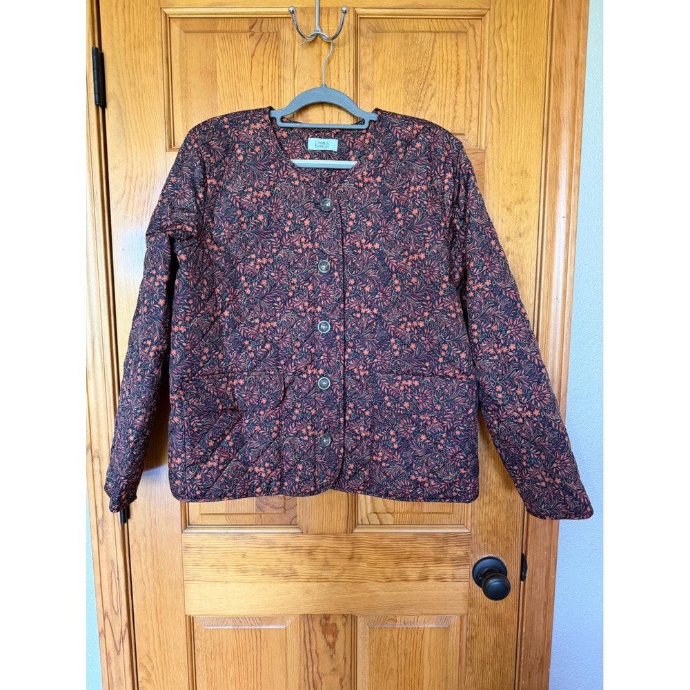 Croft & Barrow Womens Quilted Floral Jacket Navy Rust Button Front Pockets XL